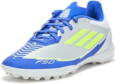 | adidas Unisex-Adult F50 League Messi Turf Soccer, Silver Metallic/Solar Yellow/Lucid Blue, 9 | Soccer