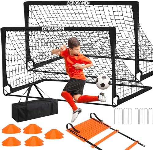 Kids Soccer Goals for Backyard, 2 of 6 x 4 ft Kids Soccer Goal Set Soccer Net with 10 Soccer Cones, Agility Ladder & Carry Bag, Portable Soccer Training Equipment.